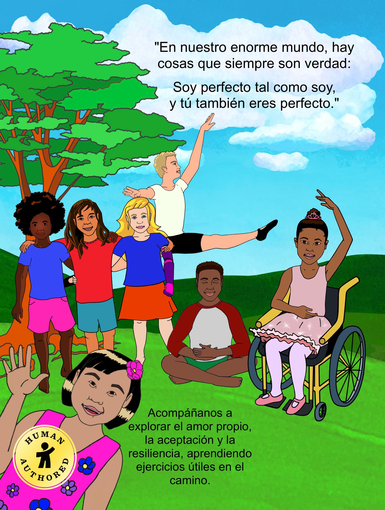 back cover image, several of the characters together and a phrase from inside the book