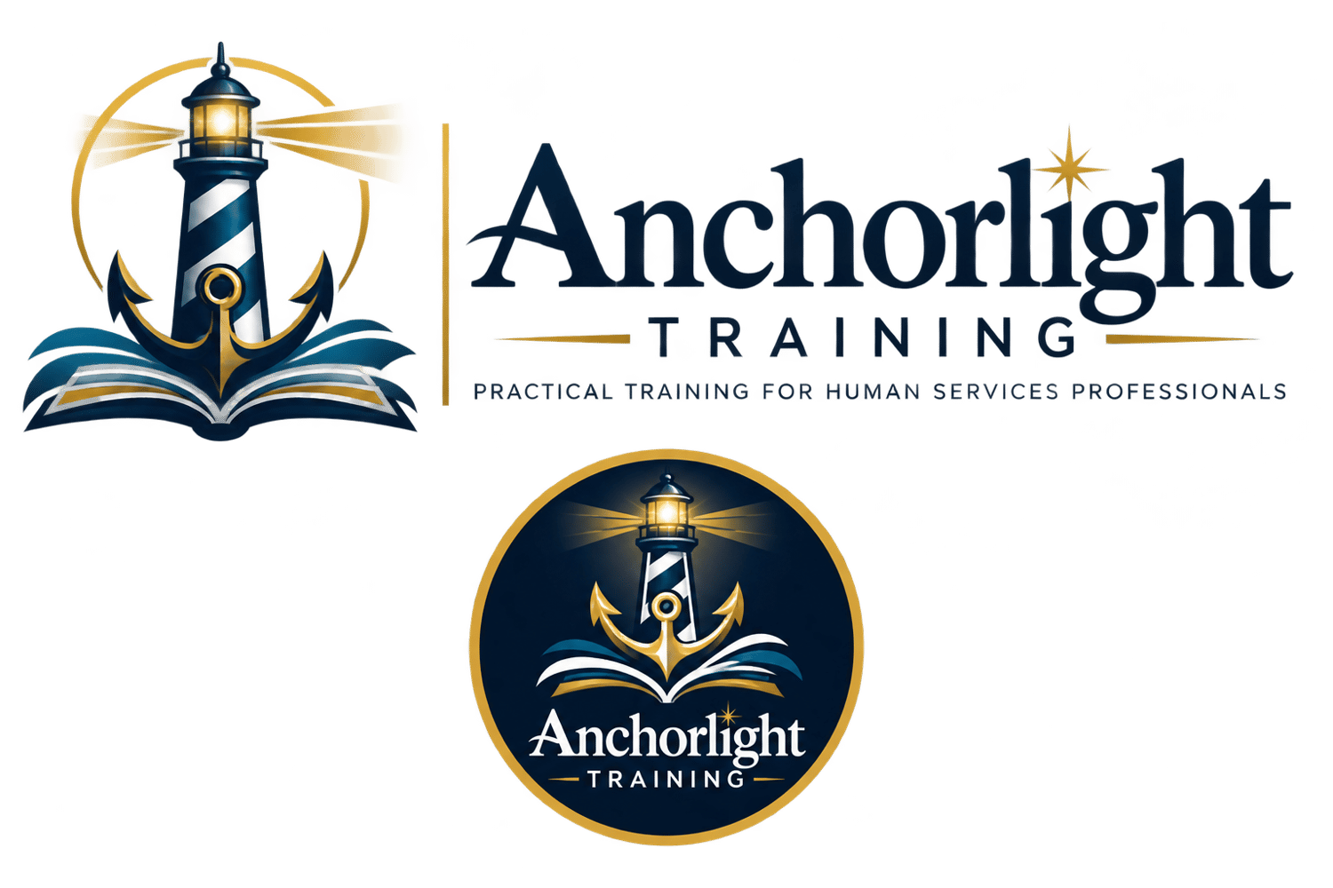 Anchorlight Training logo featuring a lighthouse and anchor above an open book in navy, teal , and gold