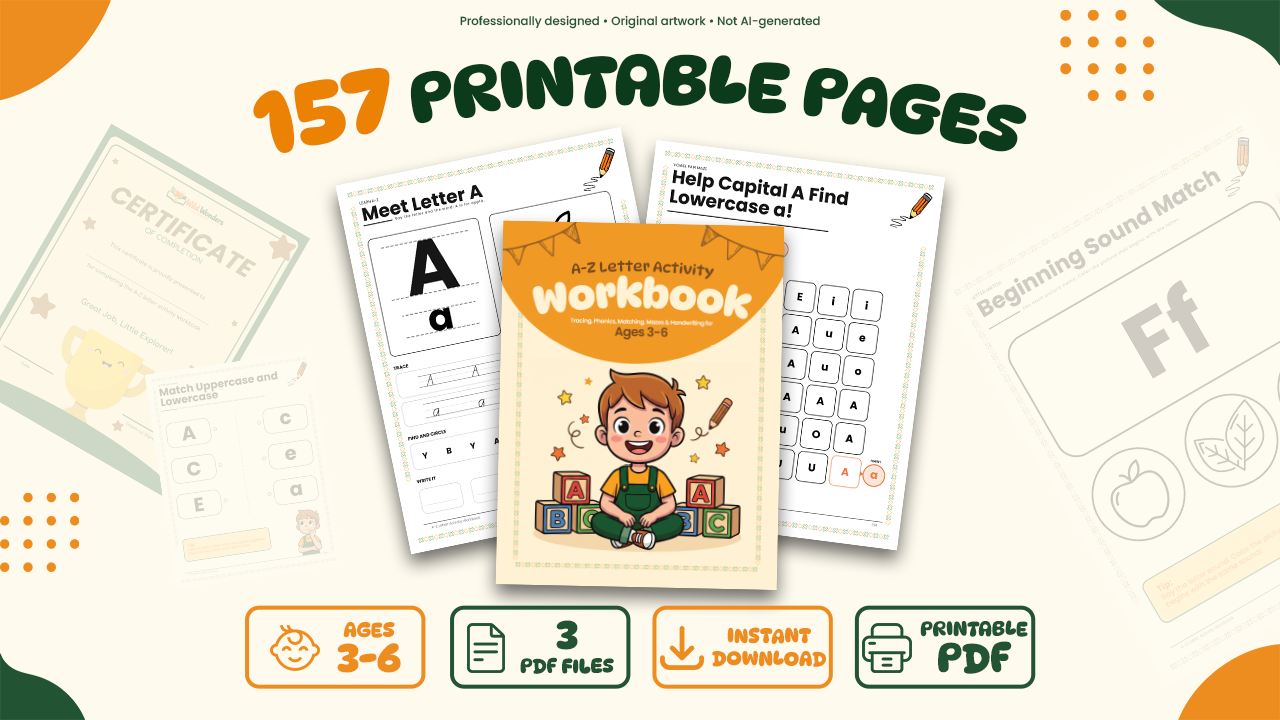 Alphabet Activity Workbook for preschoolers ages 3-6, 157 printable pages including letter tracing, phonics, and matching worksheets