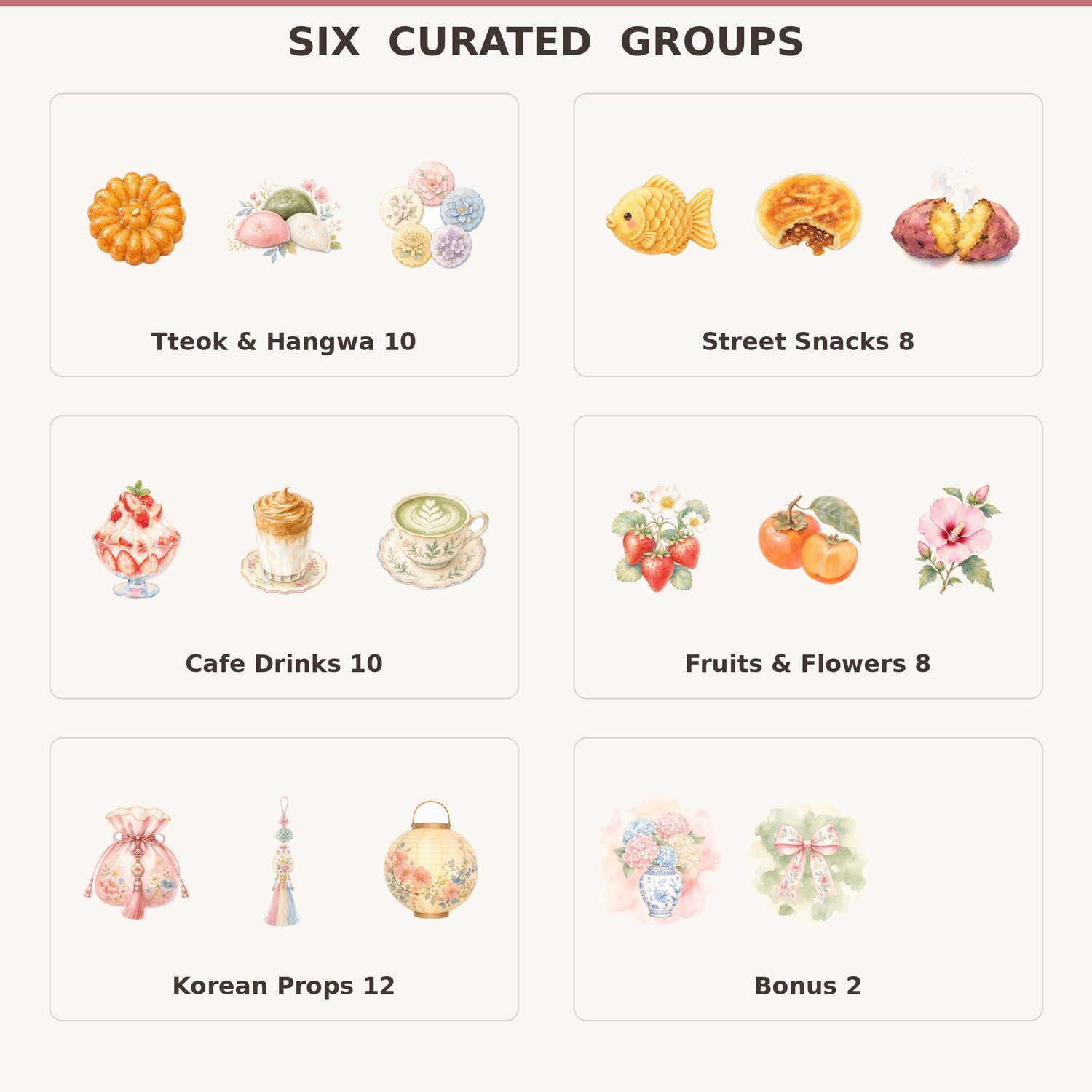 P4: Six curated groups of Korean sweets, street snacks, cafe drinks, fruits and props