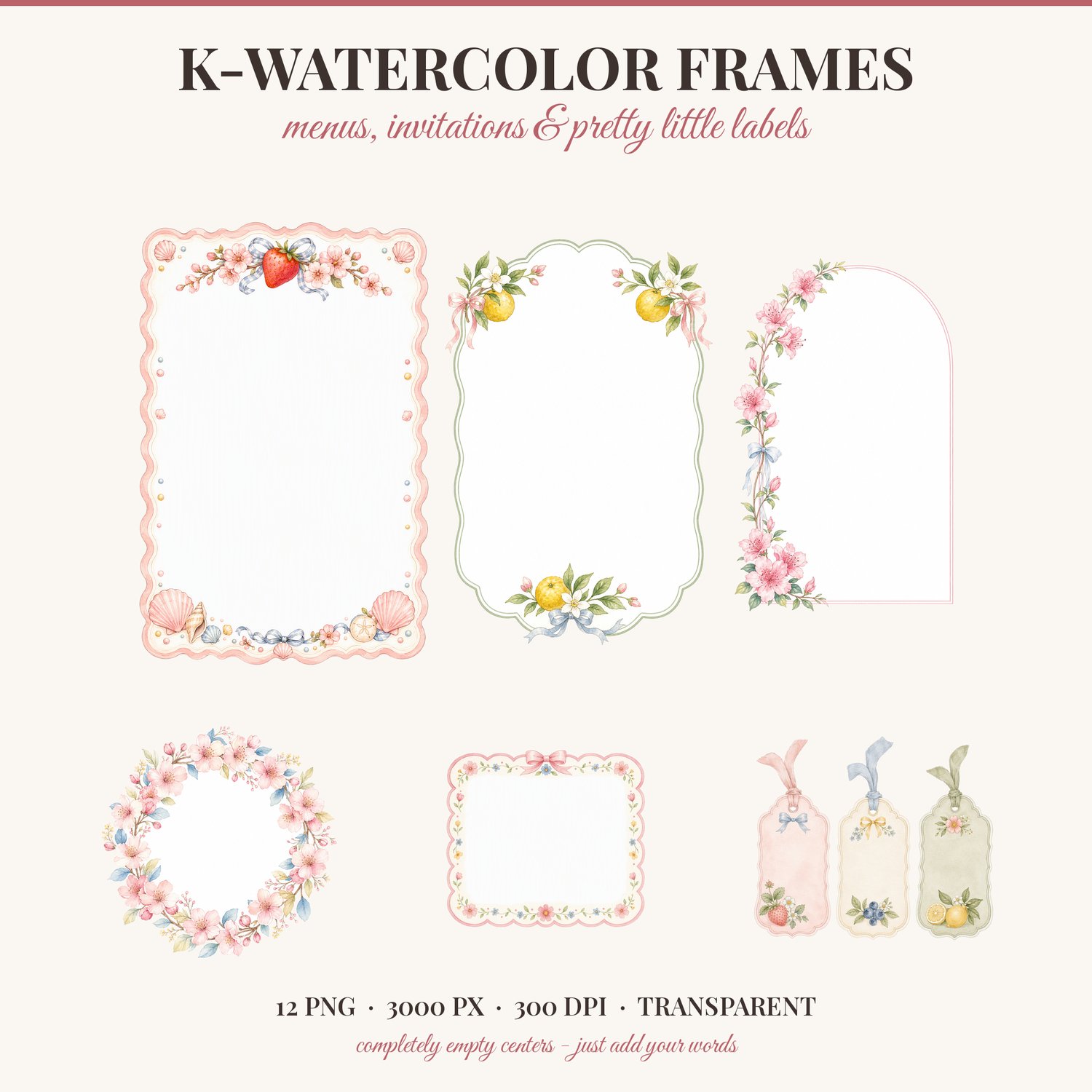 P1: Watercolor frames and menu cards cover with scalloped menu frames, blossom wreath and gift tags