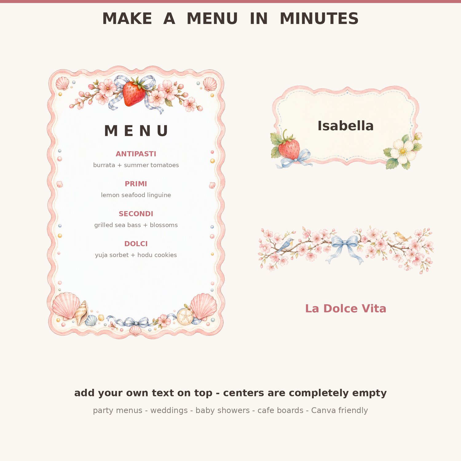 P3: Menu card example filled with typed menu text plus a place card and header banner