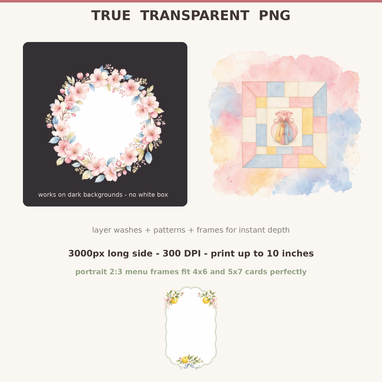 P5: Frames paired with Korean sweets clipart for menus and sweet tables