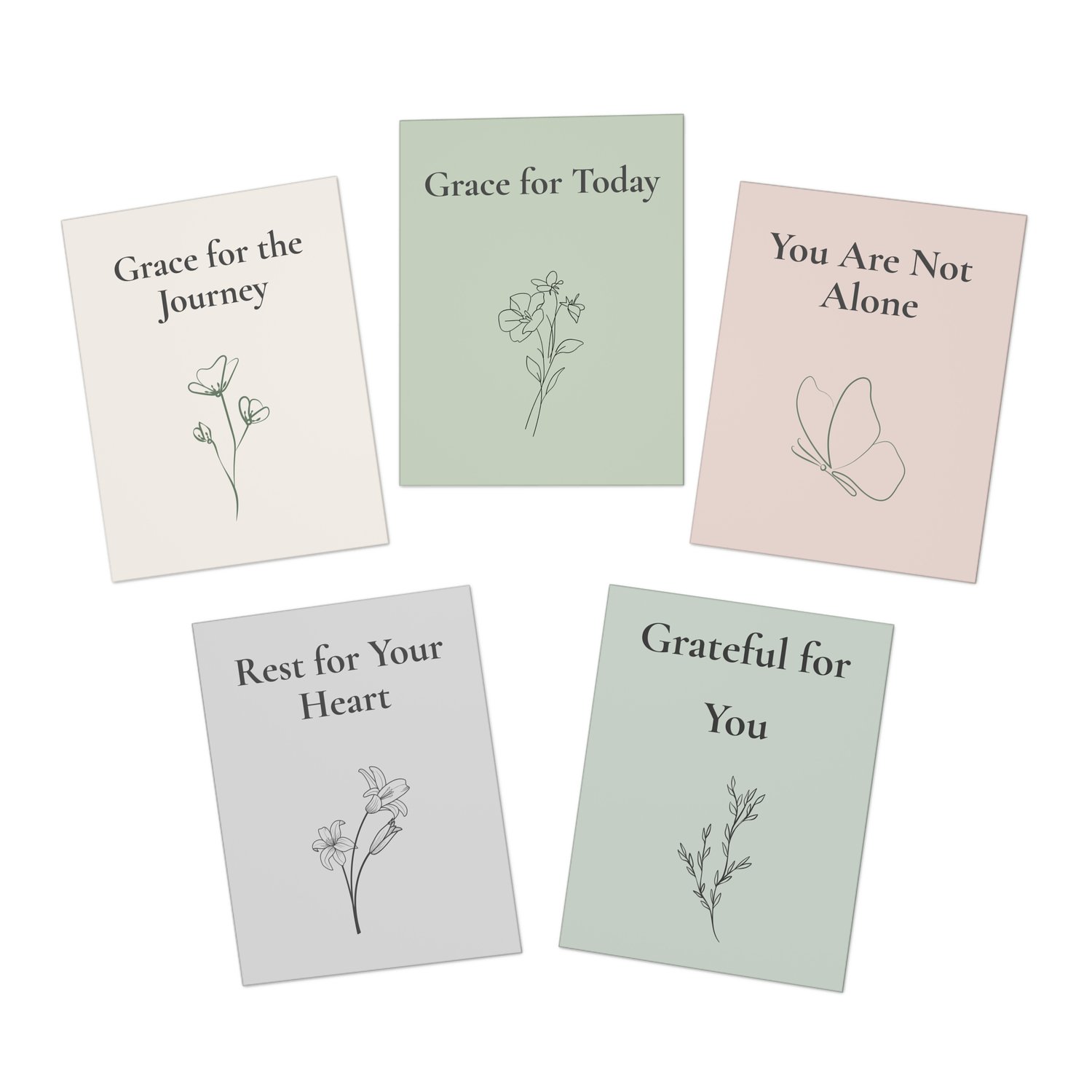 Front view of the ‘Grateful for You’ caregiver encouragement card with minimalist botanical line art on a soft background.