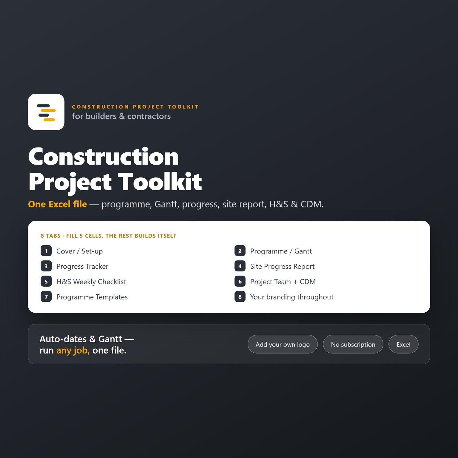 Construction Project Toolkit Excel programme and Gantt chart template