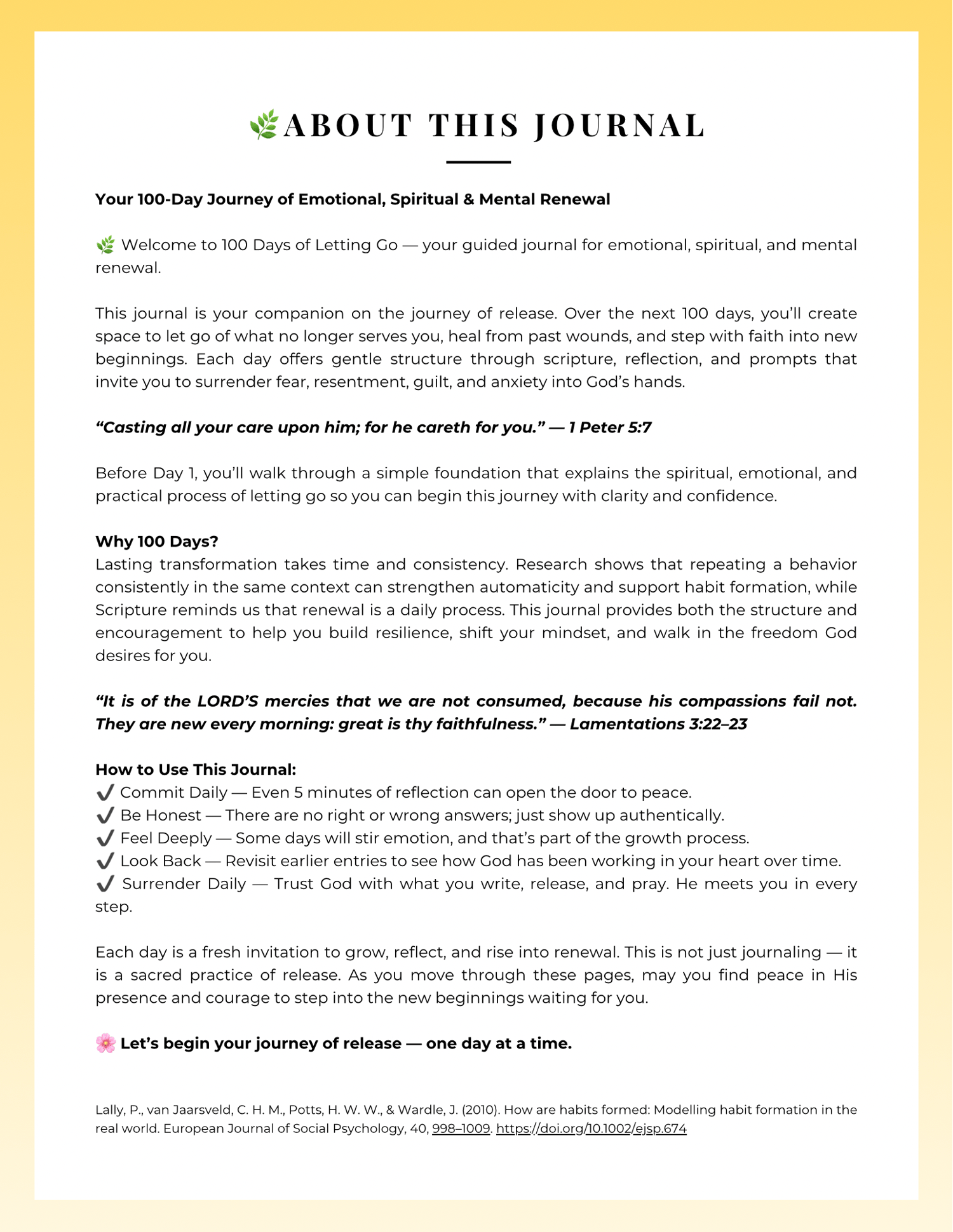 About This Journal page explaining the 100-day journey of emotional, spiritual, and mental renewal through Scripture, reflection, and letting go.