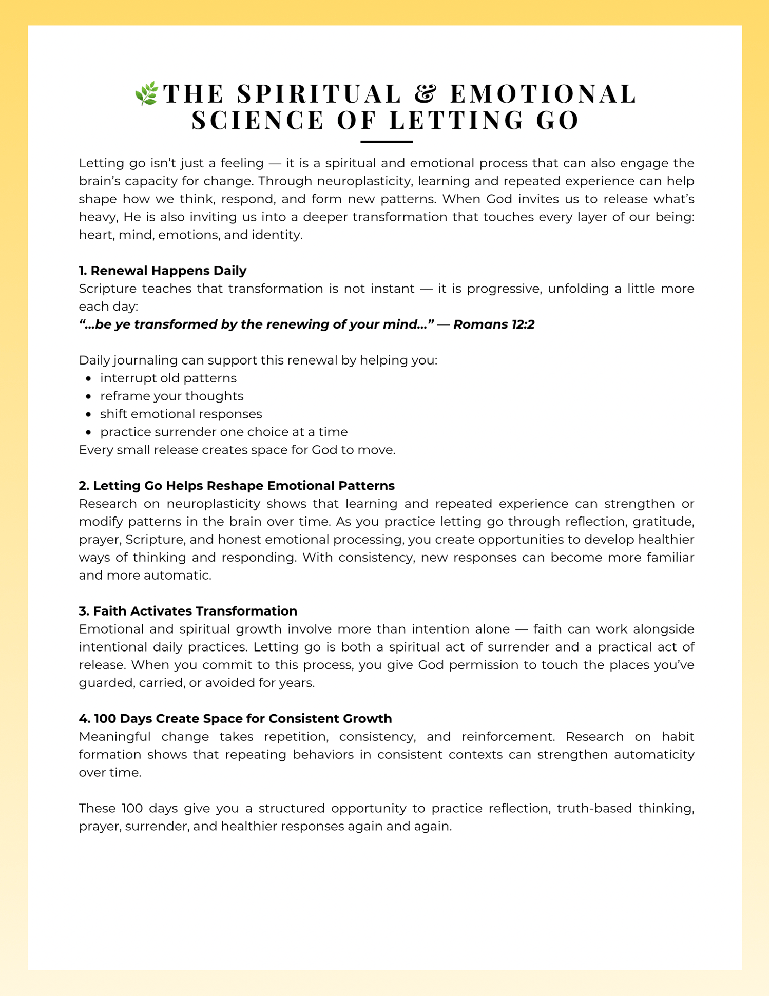 Journal page explaining the spiritual and emotional science of letting go, including neuroplasticity, daily renewal, habit formation, and Scripture.