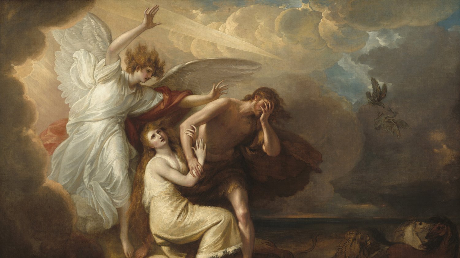 Reflective scene from Benjamin West’s 1791 painting The Expulsion of Adam and Eve from Paradise, showing the Archangel Michael expelling Adam and Eve from Eden as a serpent slithers away below, symbolizing separation from Paradise and the divine.
