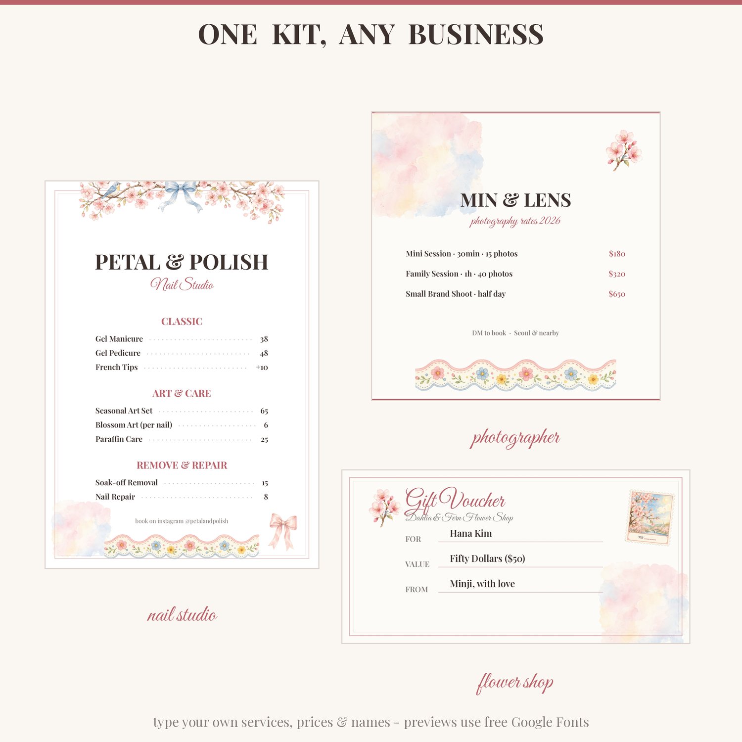 P3: Templates filled in for a nail studio, a photographer and a flower shop