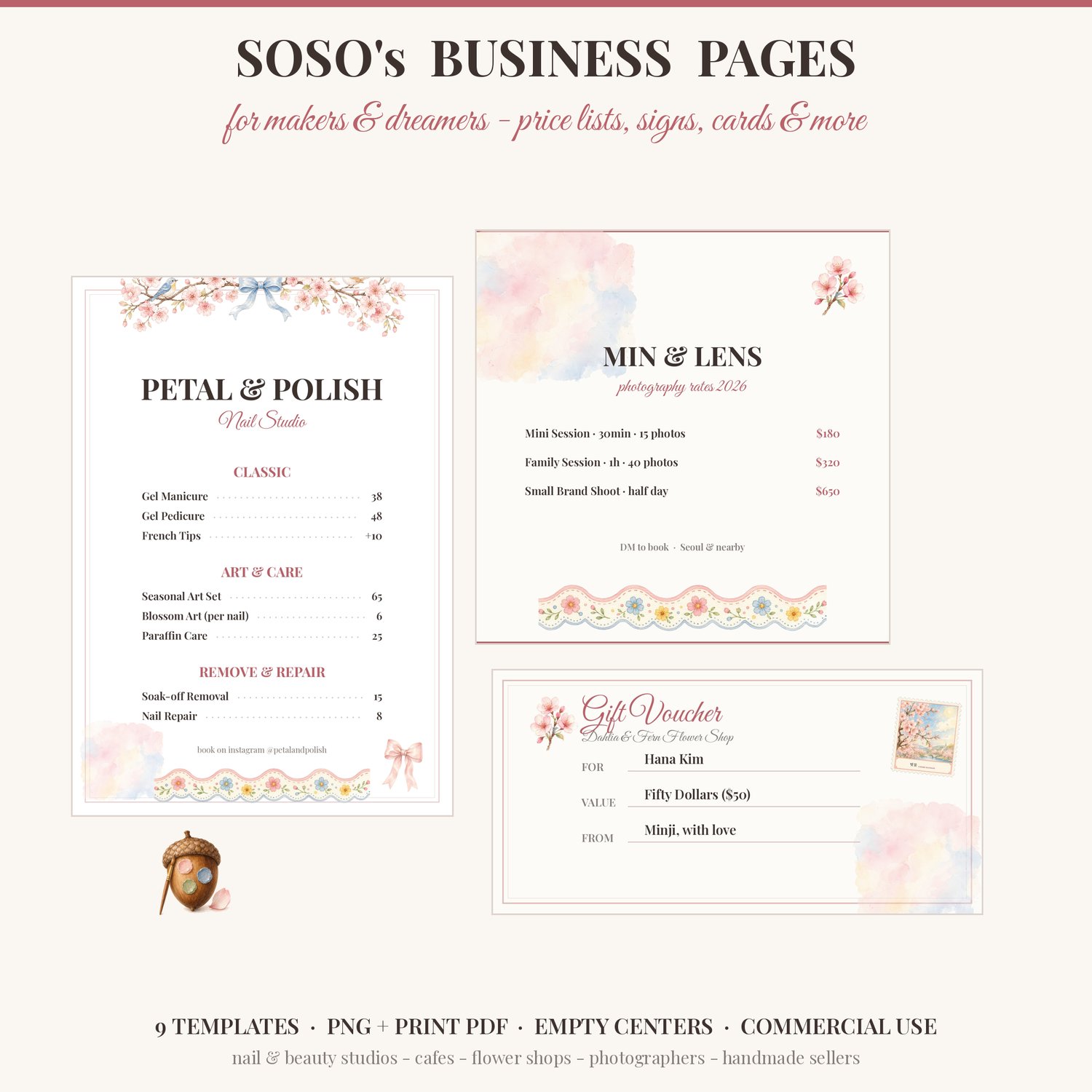 P1: Small business template kit cover with nail salon price list, photographer rate card and gift voucher examples