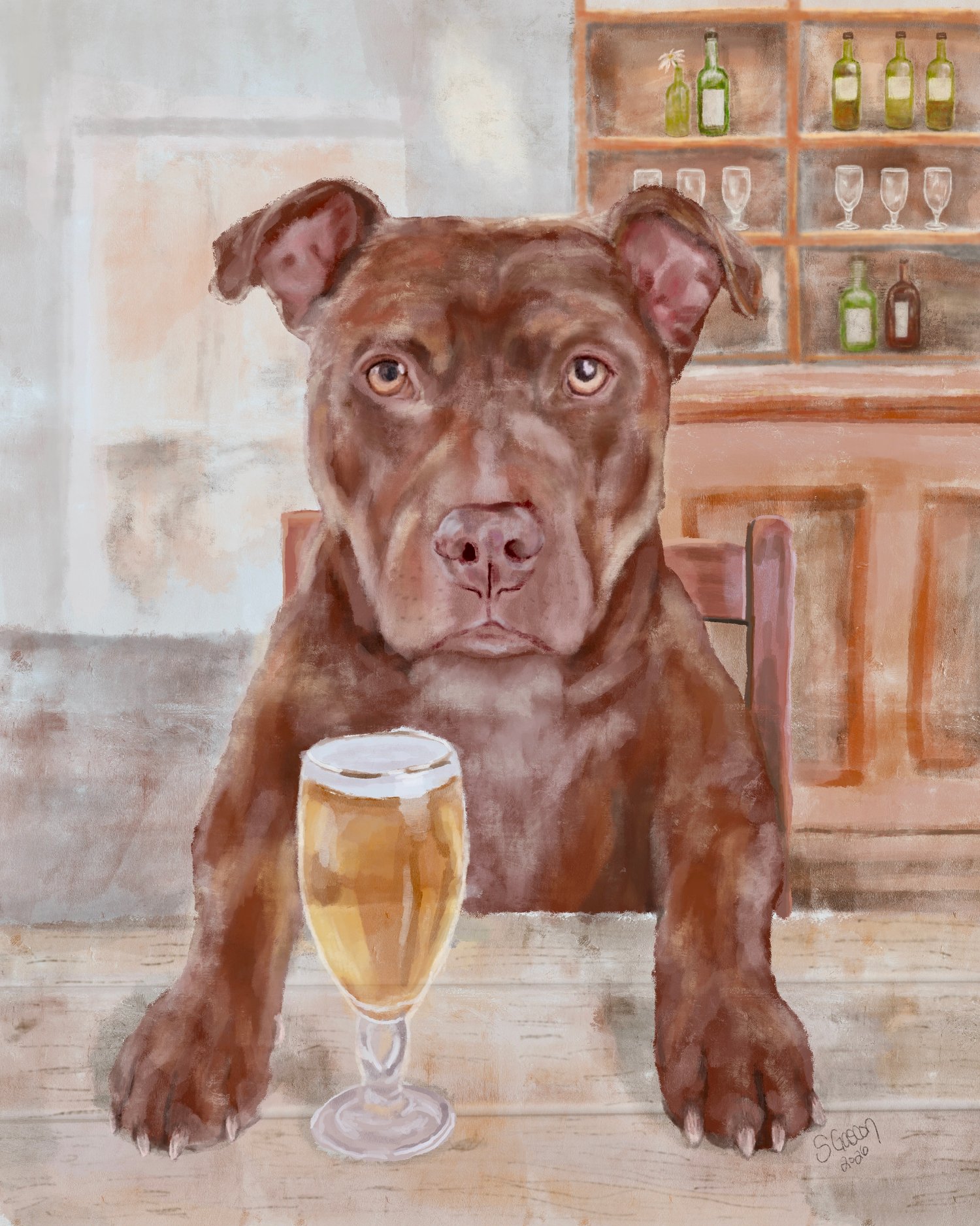 brown pitbull with a beer at a local pub