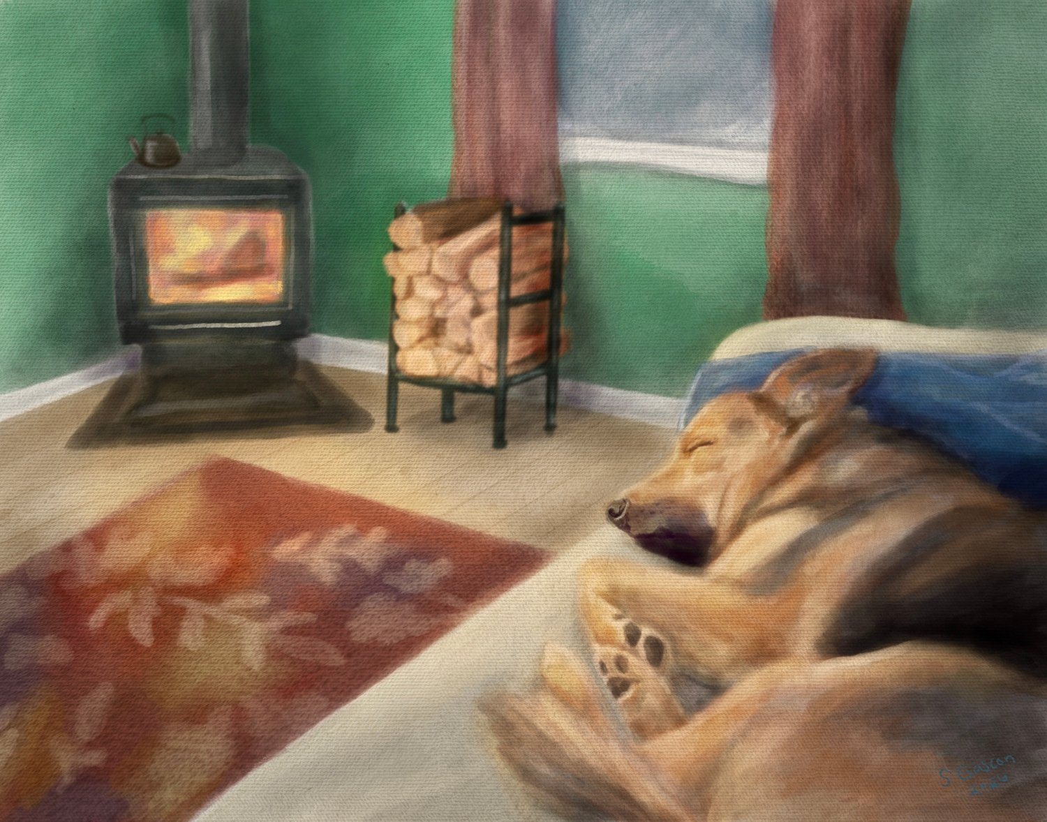 German Shepherd Dog asleep by a cozy woodstove fire
