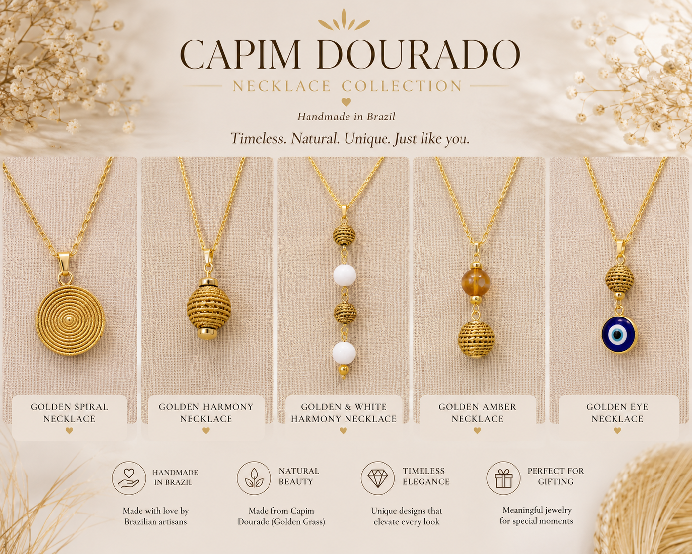 Capim Dourado Necklaces, known as Golden Grass from Brazil