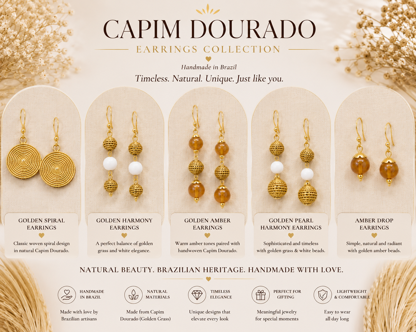 Capim Dourado Earrings, known as Golden Grass, from Brazil