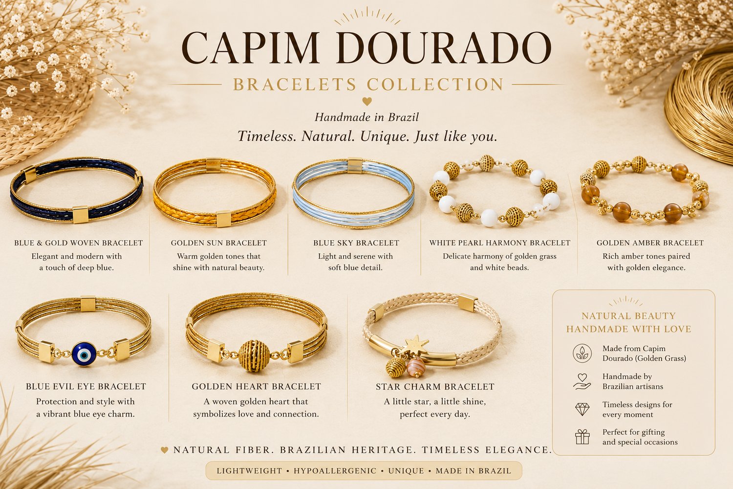 Capim Dourado Bracelets, known as Golden Grass, from Brazil