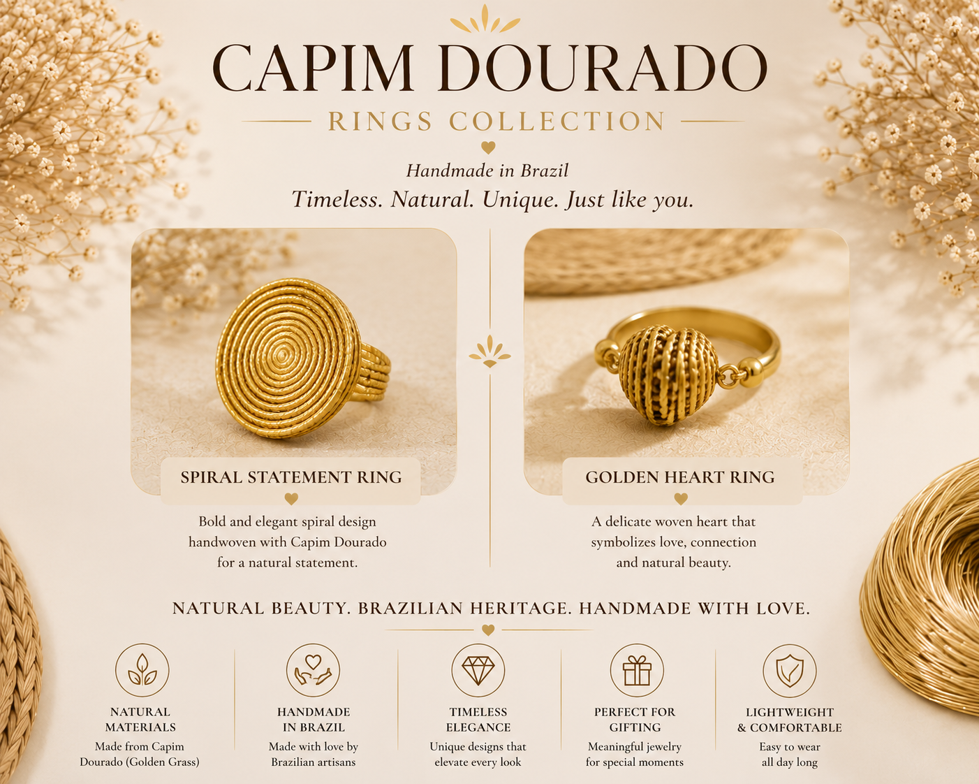 Capim Dourado Ring, known as Golden Grass, from Brazil
