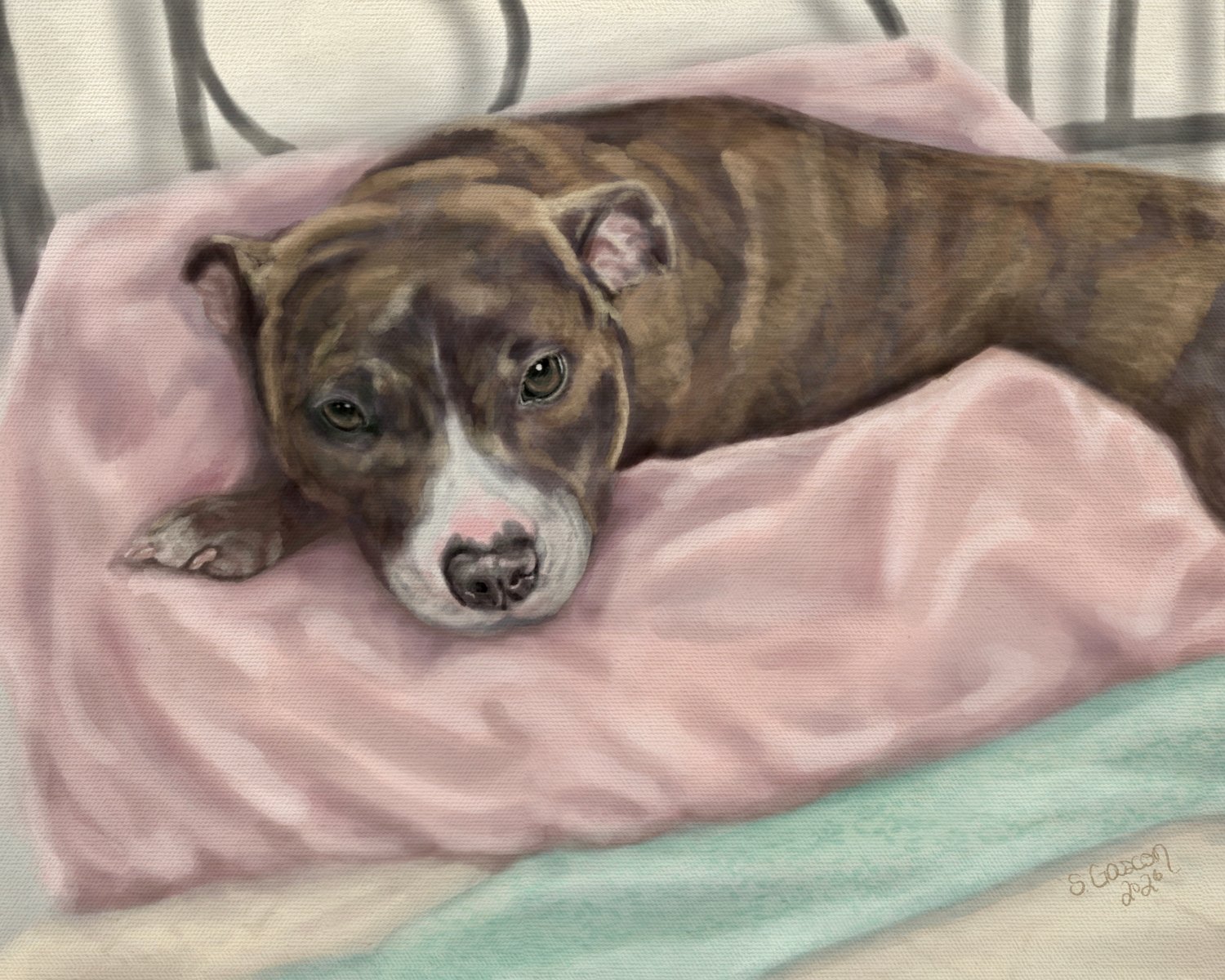 Brindle pitpull dog cuddled up on a pink pillow in bed