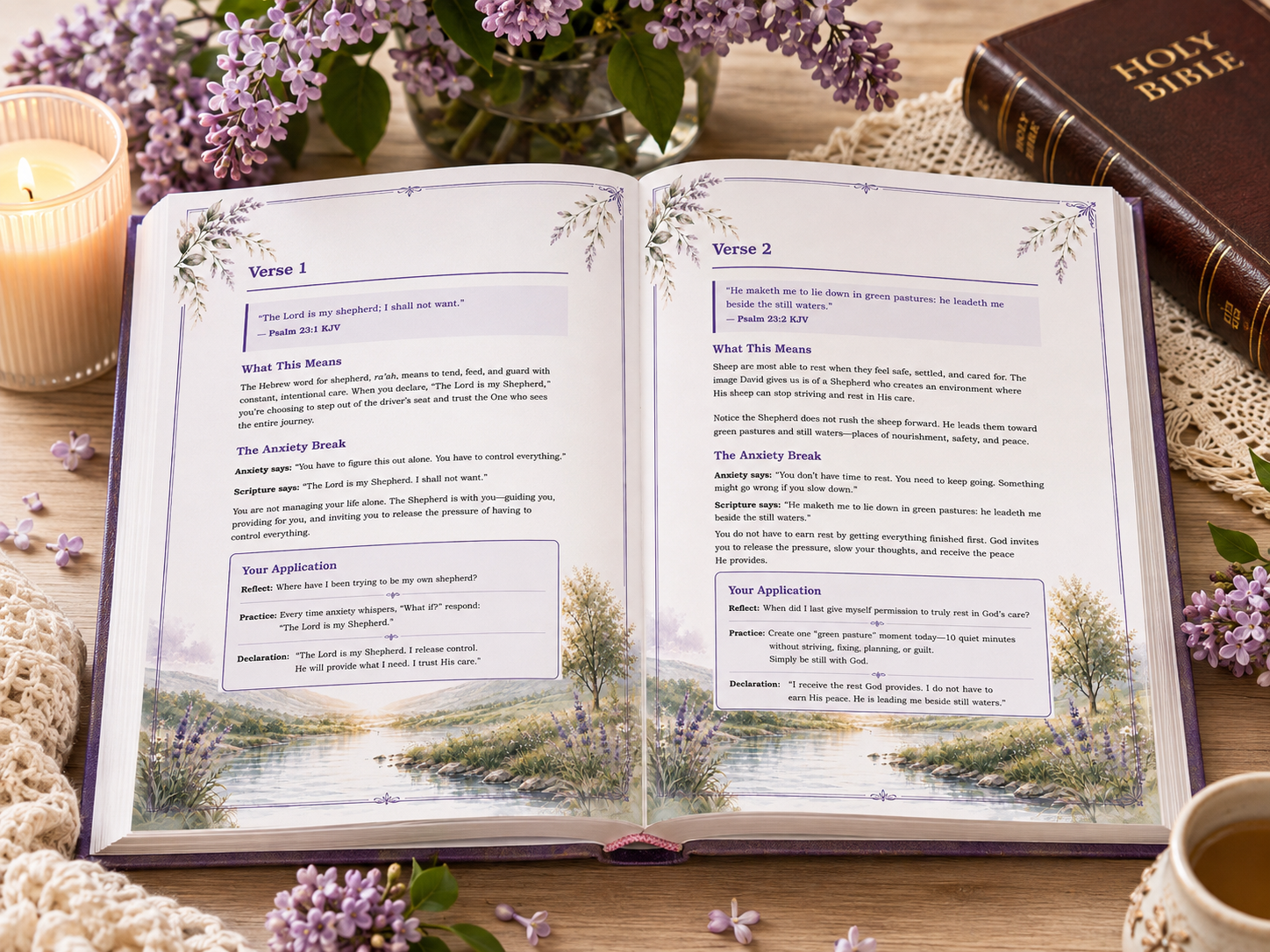 Open Psalm 23 Christian anxiety guide showing Verse 1 and Verse 2 reflection exercises beside a Holy Bible, candle, and lilac flowers in a peaceful devotional setting.