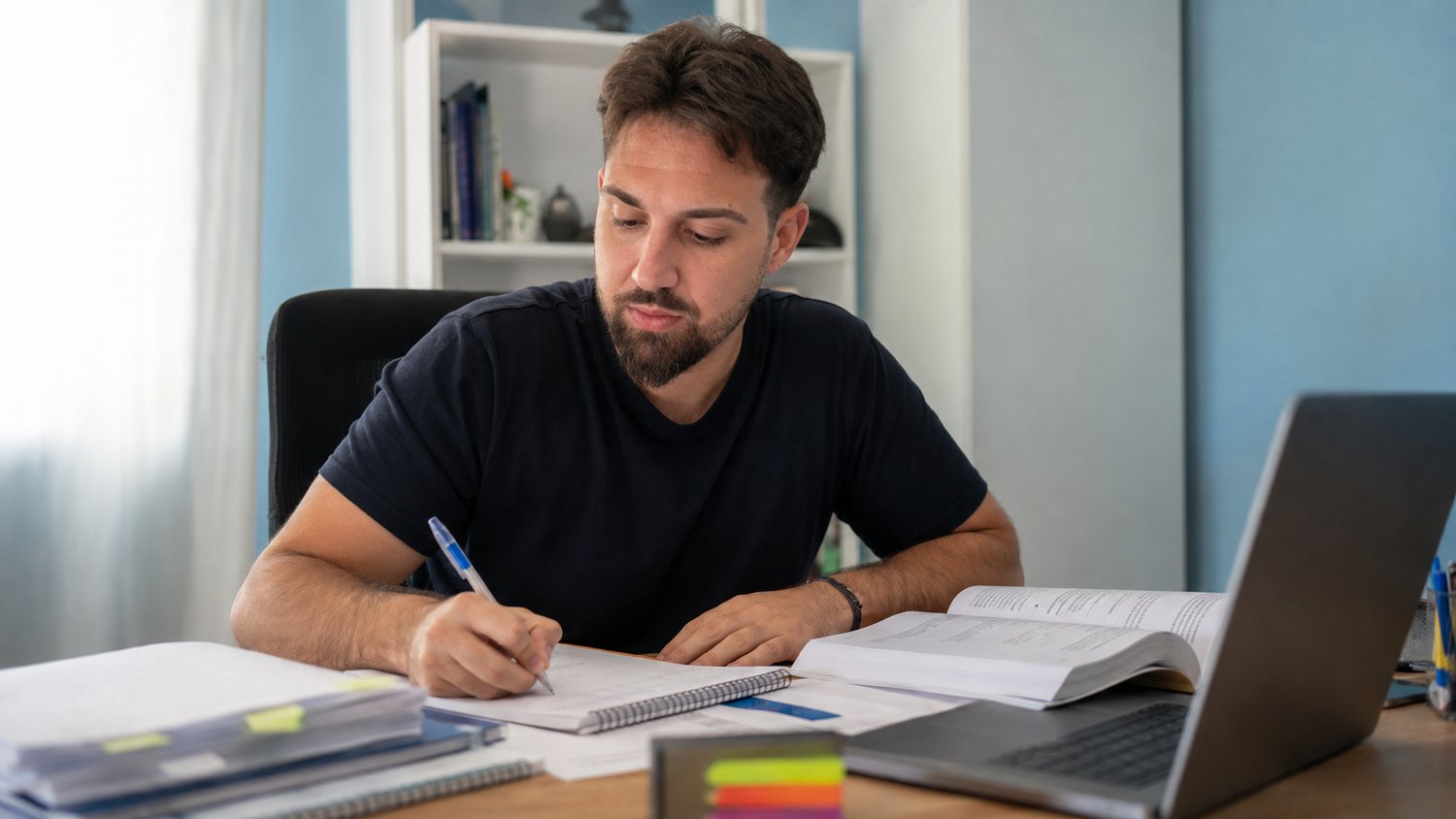Opositor estudiando el temario de Administrativo de la Seguridad Social C1 con apuntes y ordenador