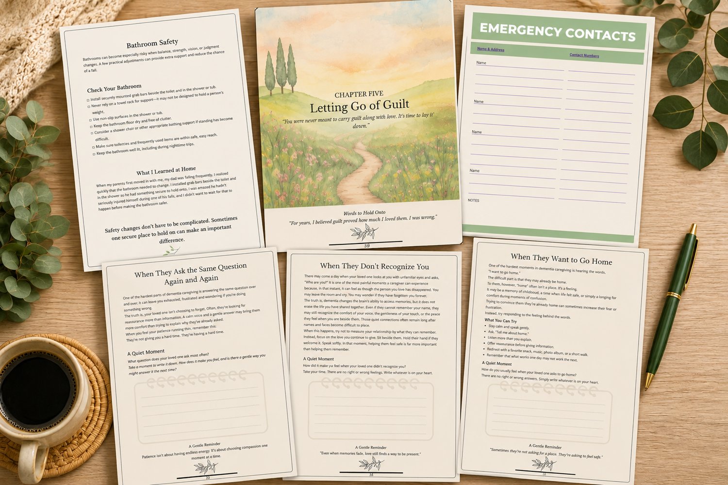 Inside look at HartSake dementia caregiver resources featuring six sample workbook and guide pages with practical caregiving tools, education, reflection exercises, and support for family caregivers of loved ones with dementia.