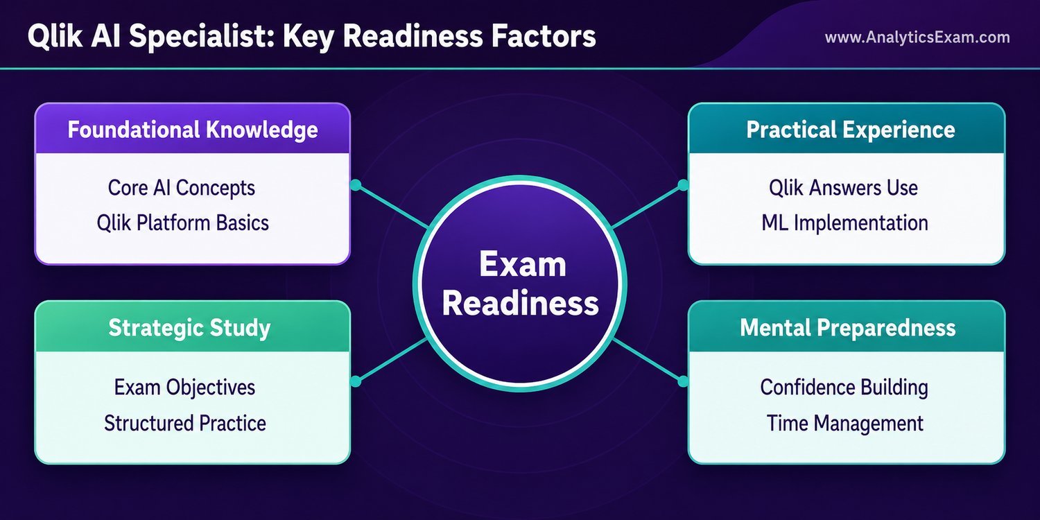Infographic outlining key readiness factors for the Qlik AI Specialist (QAIS) exam, including foundational knowledge, practical experience, strategic study, and mental preparedness.