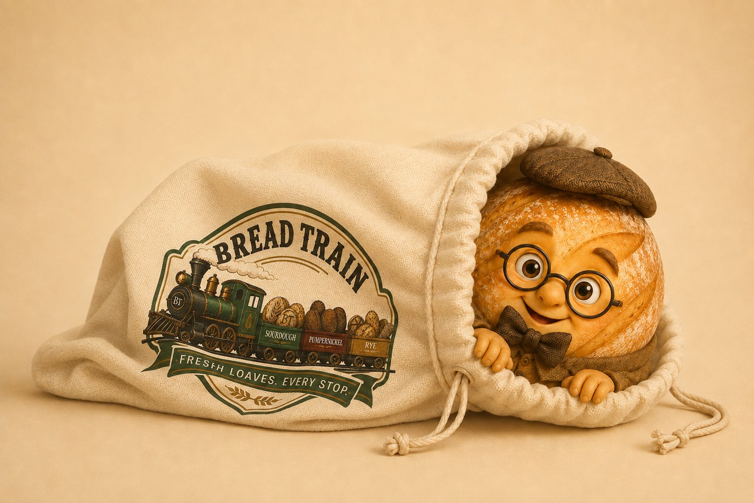 Professor Crumb peeking from a cream Bread Train drawstring bread bag.