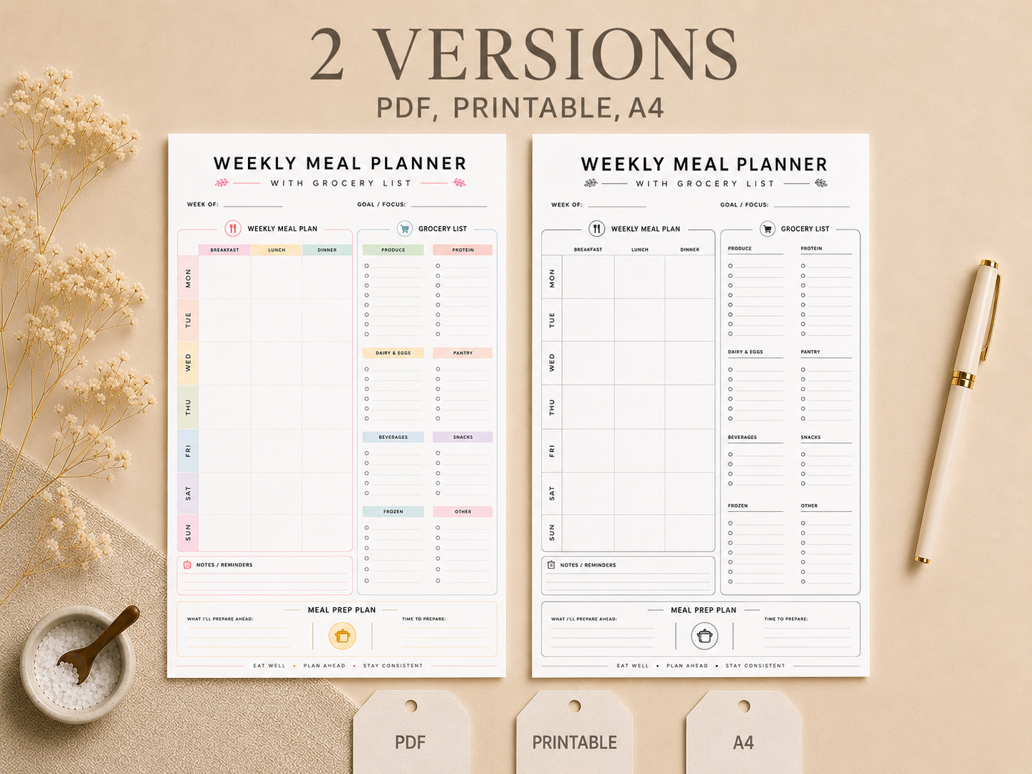 Weekly meal planner template with grocery list printable PDF