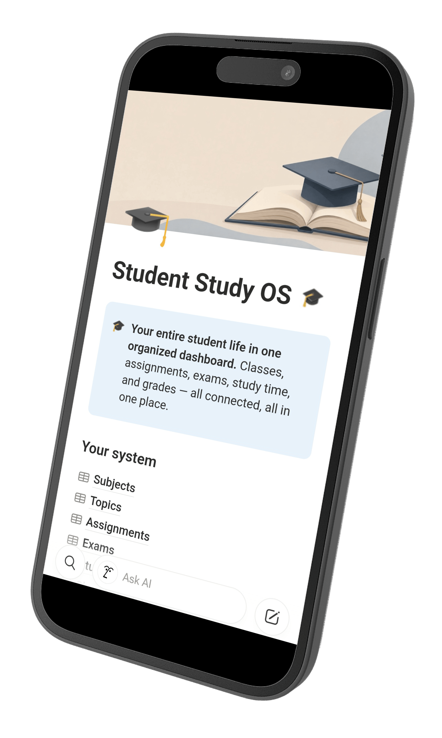 Student Study OS Notion template on mobile