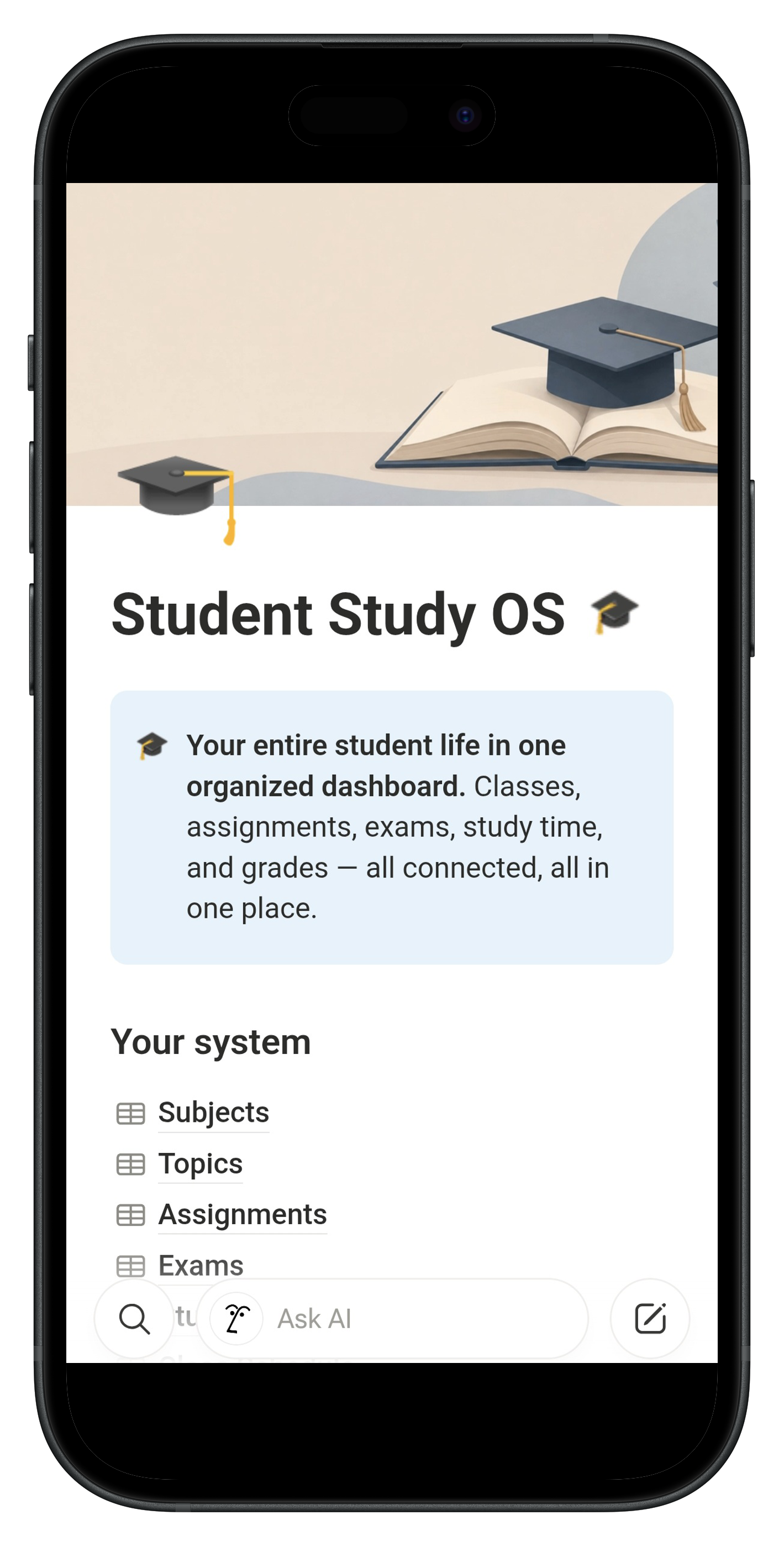 Student Study OS Notion template on mobile