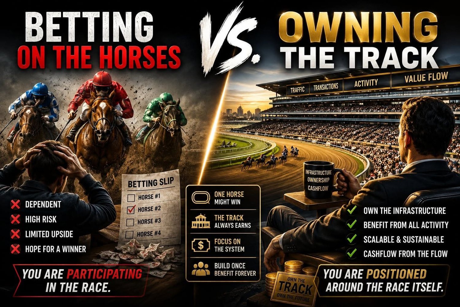 You have a choice. Which would you choose? Betting on the Horses or OWNING the Track? Control your Money, because OWNERSHIP is FREEDOM!