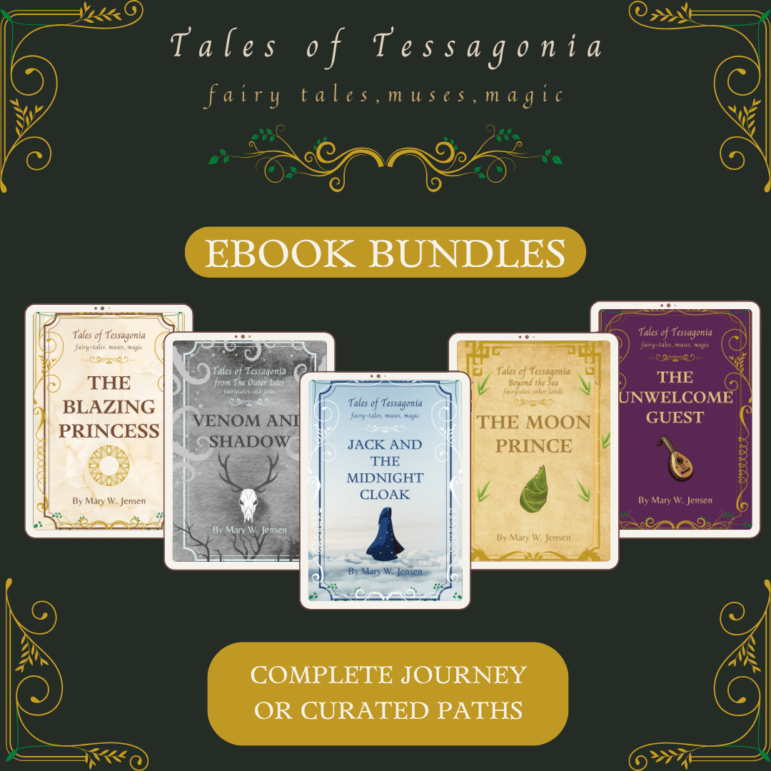 Tessagonia Ebook Bundles graphic featuring five fairy-tale book covers and the words “Complete Journey or Curated Paths.”