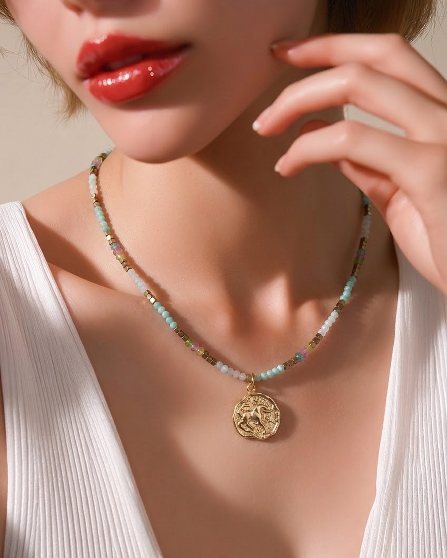 Collana Toro in pietre naturali indossata dalla modella Lumen Jewels