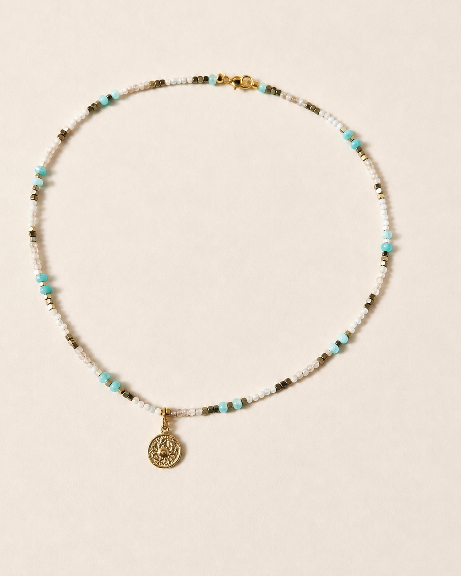 Collana Cancro artigianale con acquamarina, agata rossa e labradorite