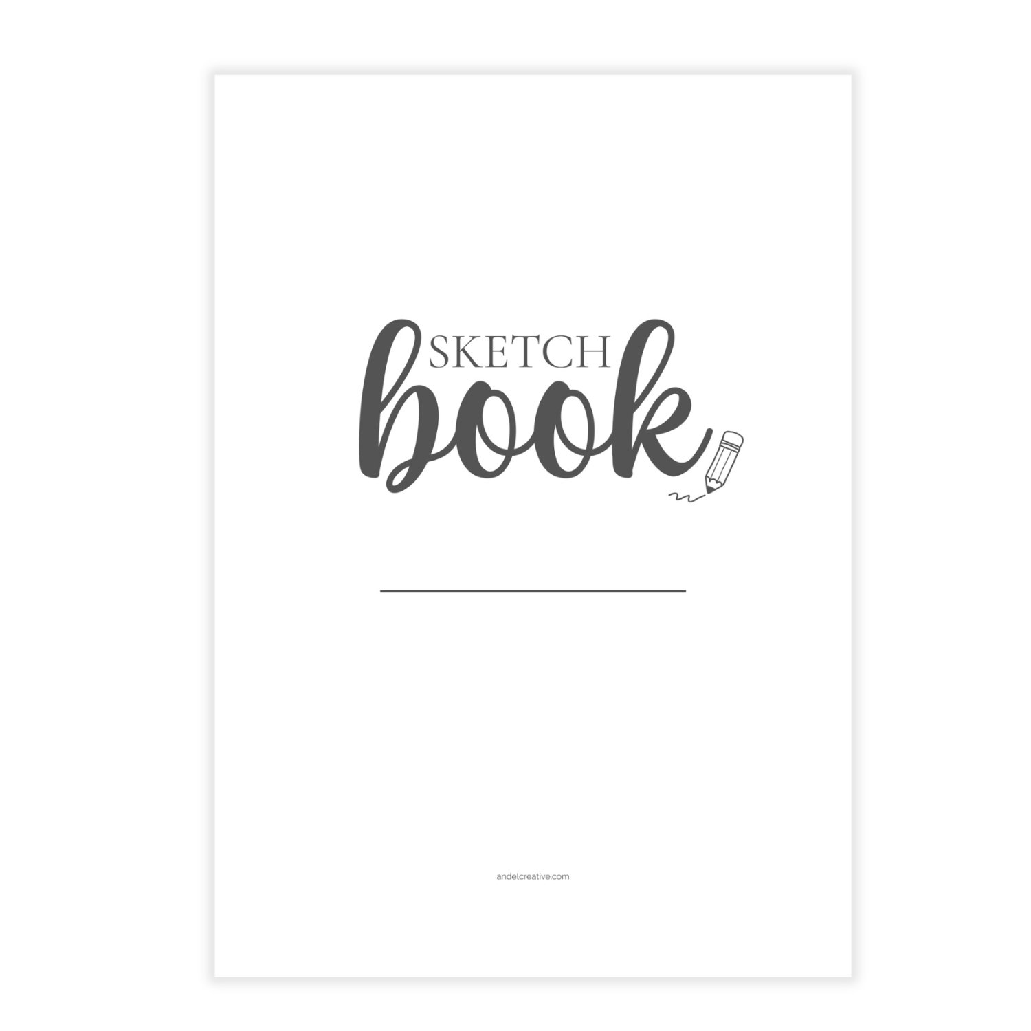 White front cover of a printable sketchbook with black script fonts on it.