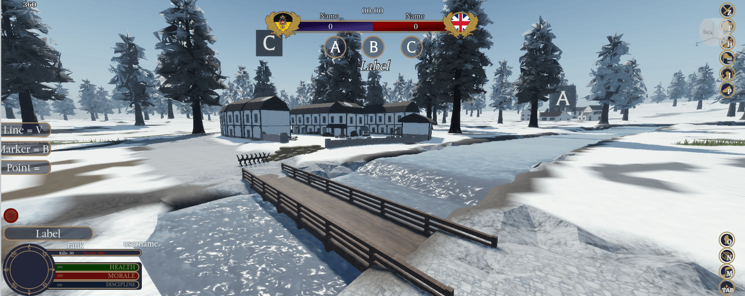 Napoleonic battle map river crossing with wooden bridge and winter terrain