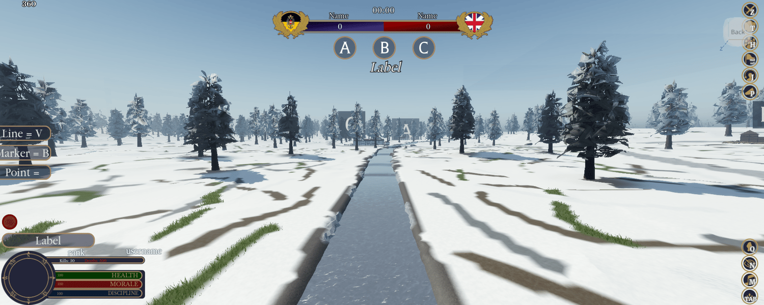 Snow-covered Napoleonic battle map with village and wooden bridges
