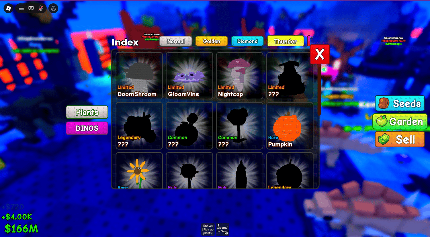Roblox mobile and PC game UI with plants and dinosaurs
