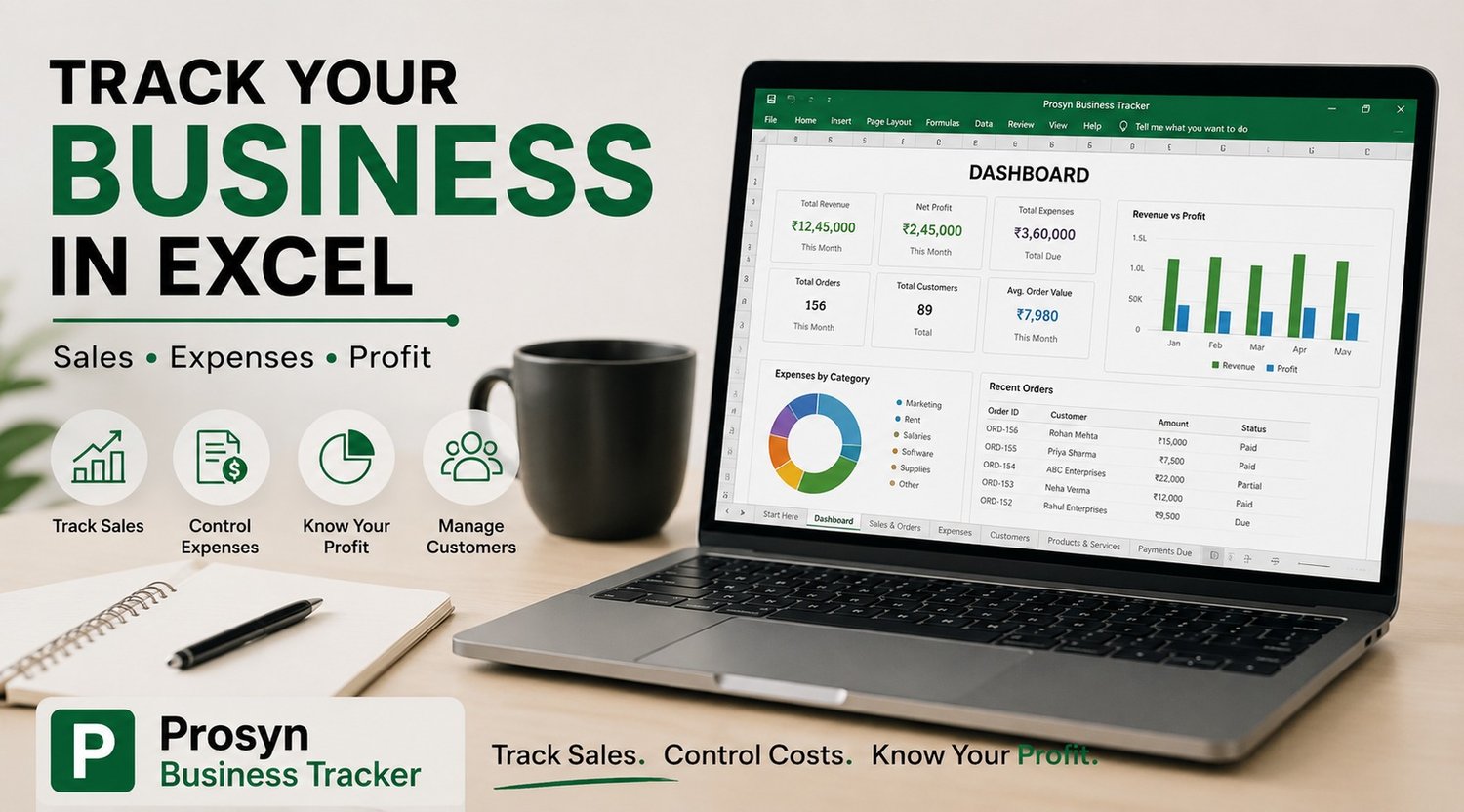 Prosyn Business Tracker Excel dashboard for tracking sales, expenses, profit and customers