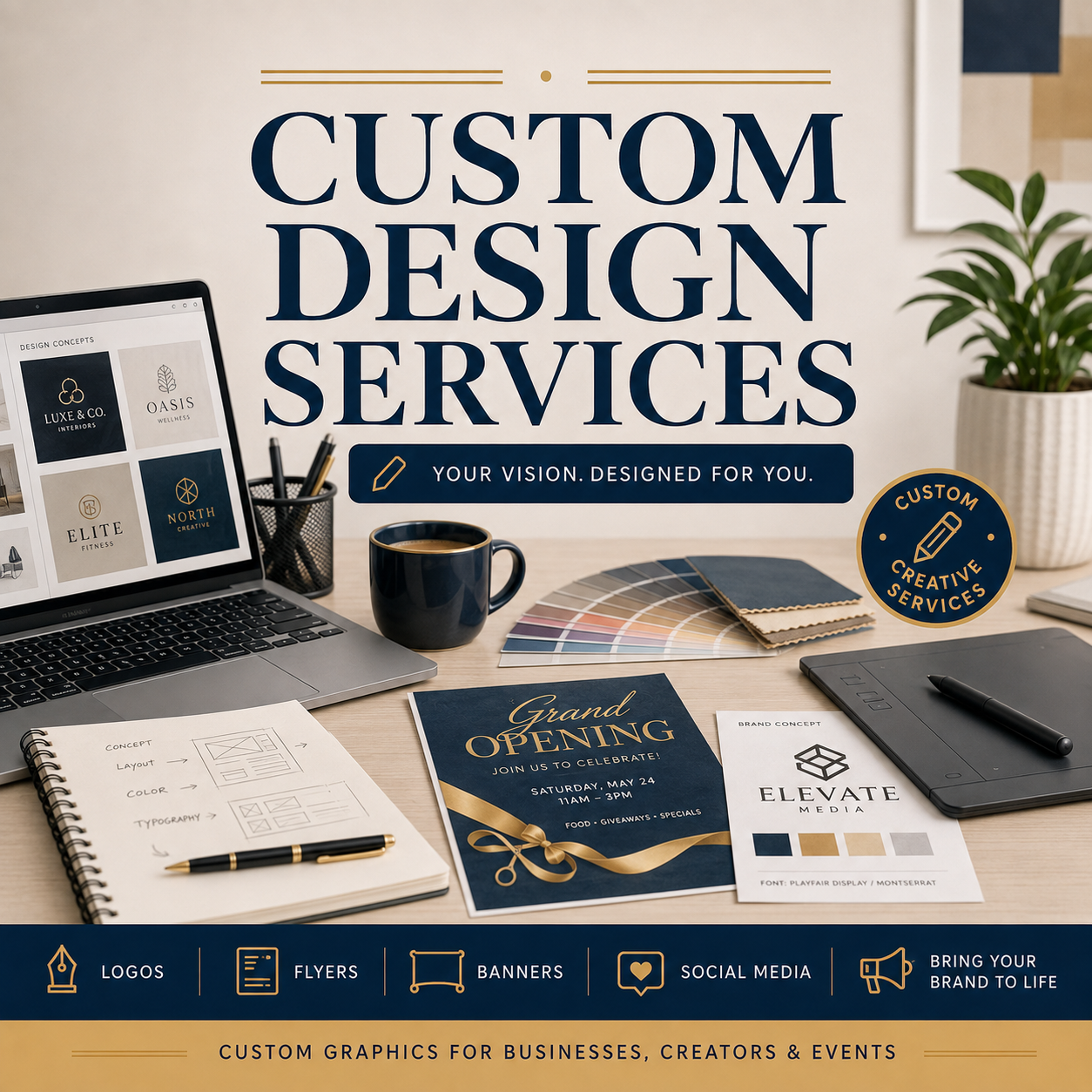 Custom design services for businesses, creators, and events including personalized logos, flyers, banners, social media graphics, and branding materials.