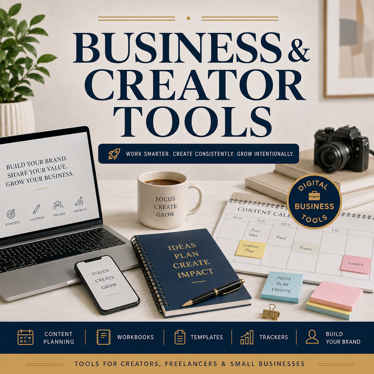 Business and creator tools for entrepreneurs, freelancers, and content creators featuring planners, templates, trackers, content calendars, and digital resources.