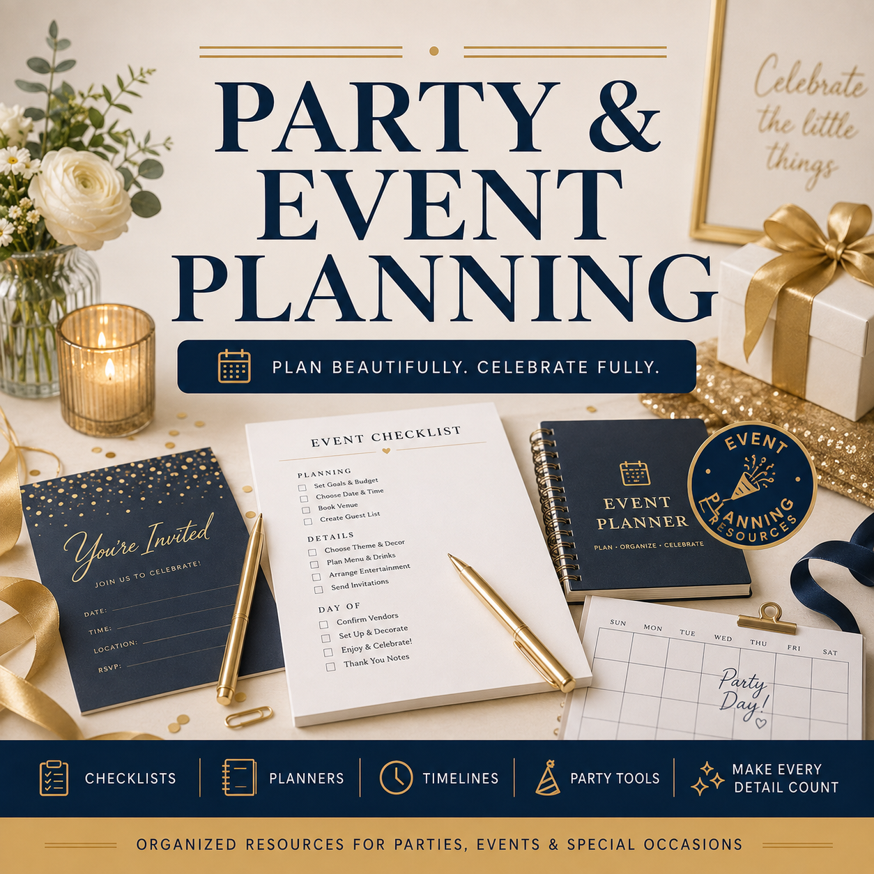 Party and event planning resources featuring event planners, checklists, timelines, invitations, and organization tools for celebrations and special occasions.