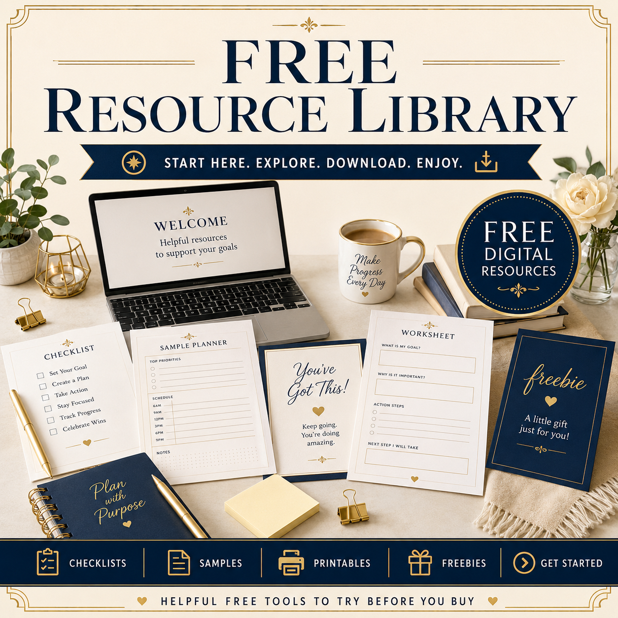 Free digital resource library featuring printable checklists, sample planners, worksheets, freebies, and helpful tools for organization, productivity, and personal growth.
