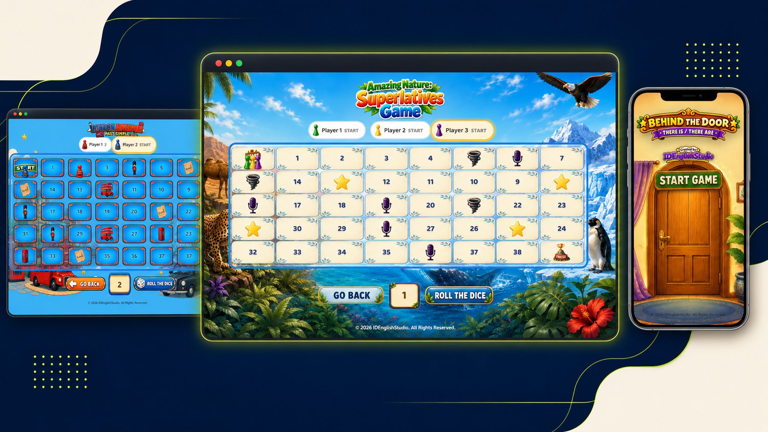 Three interactive ESL grammar games for Past Simple, Superlatives, and There Is/There Are, displayed on desktop and mobile screens.