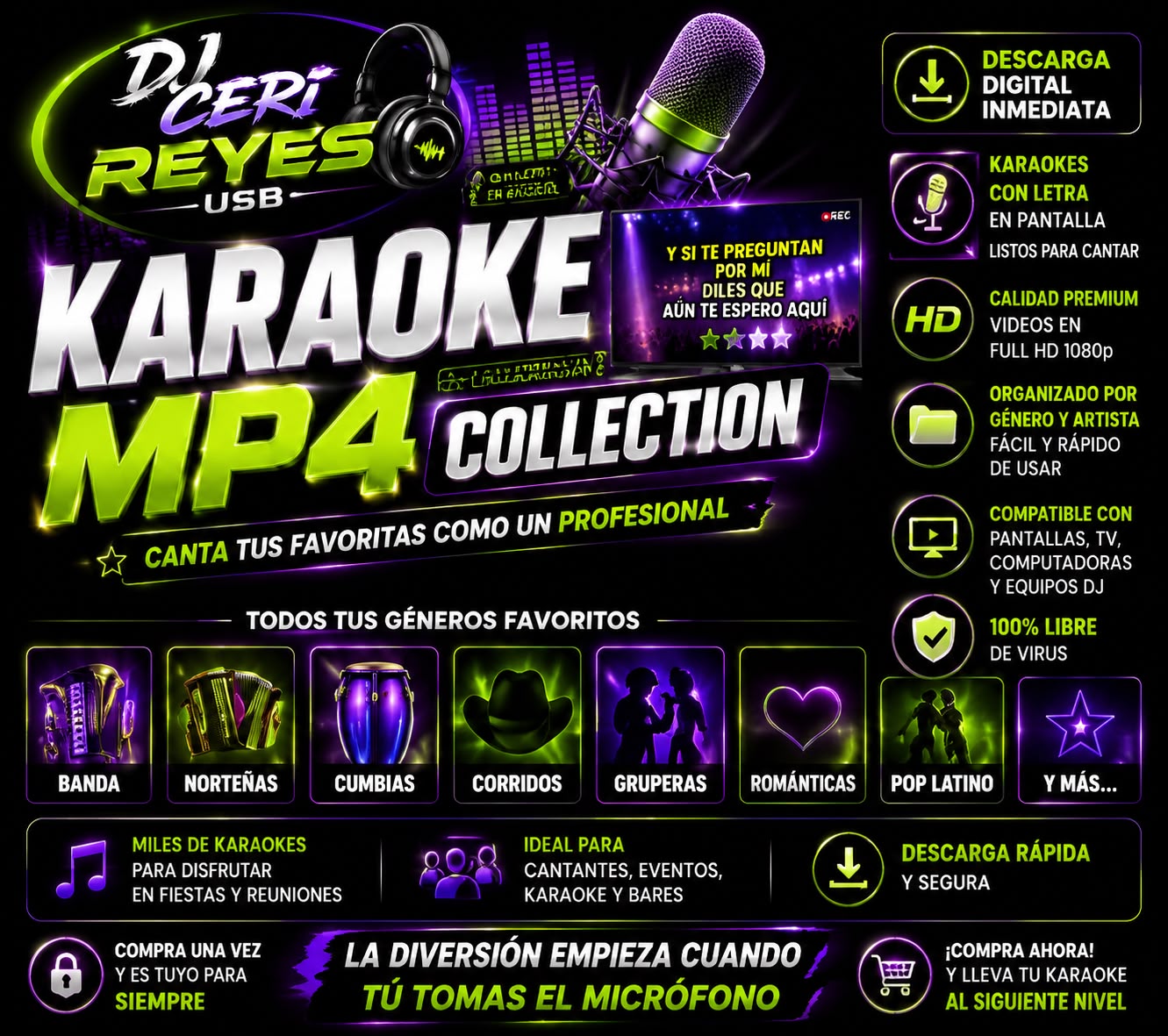 Karaoke MP4 Collection DJ Ceri Reyes USB con videos karaoke de alta calidad, letras sincronizadas para cantar, ideal para fiestas, eventos y reuniones, descarga digital rápida y segura.