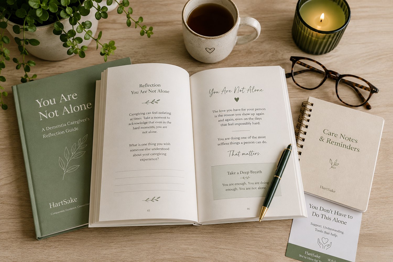 You Are Not Alone dementia caregiver workbook with guided reflections, journaling pages, care notes, and supportive reminders to help family caregivers process emotions, manage caregiver stress, practice self-care, and feel less alone while caring for a loved one with dementia.