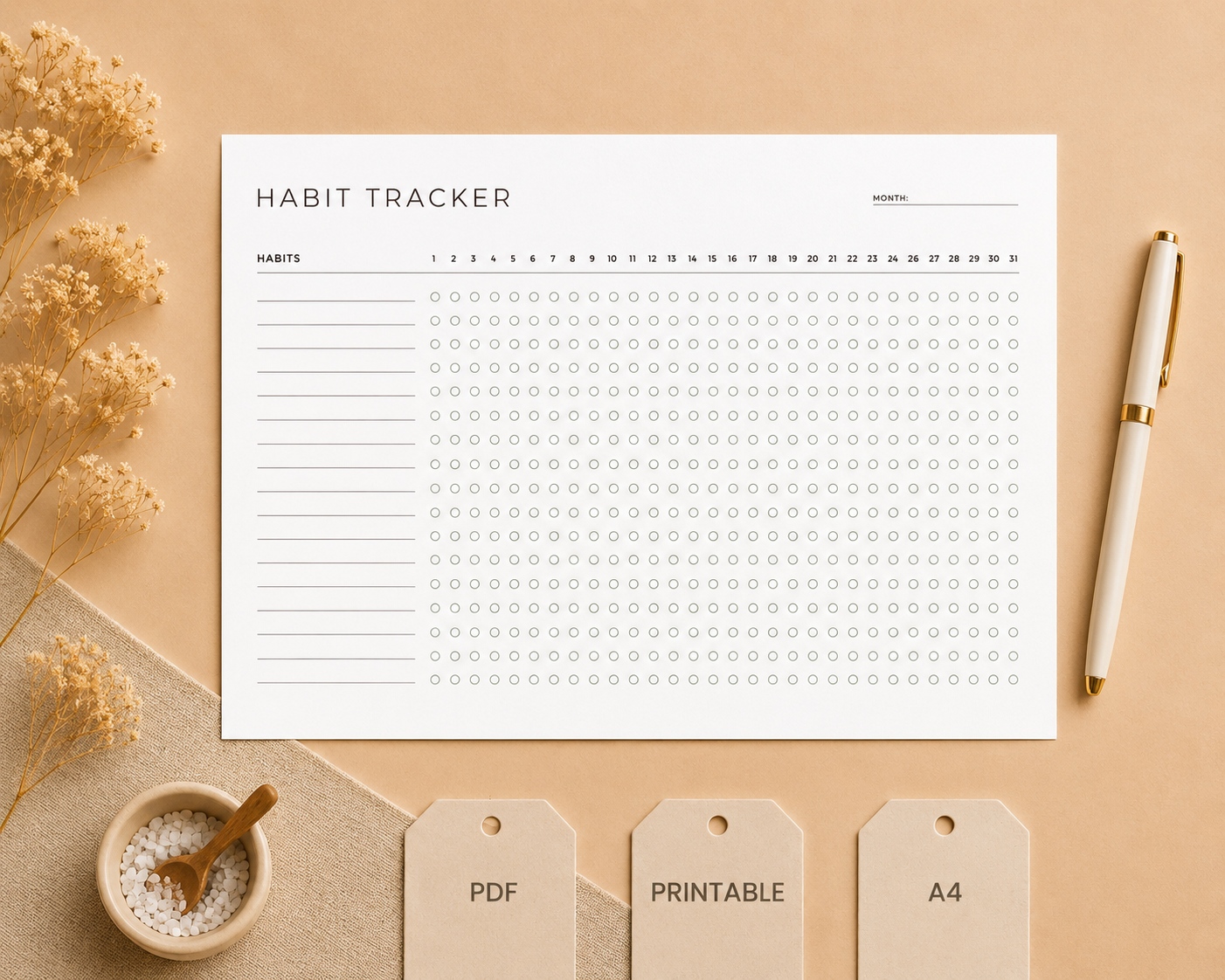 Minimalist monthly habit tracker printable with dot grid, track up to 15 habits for 31 days, PDF instant download