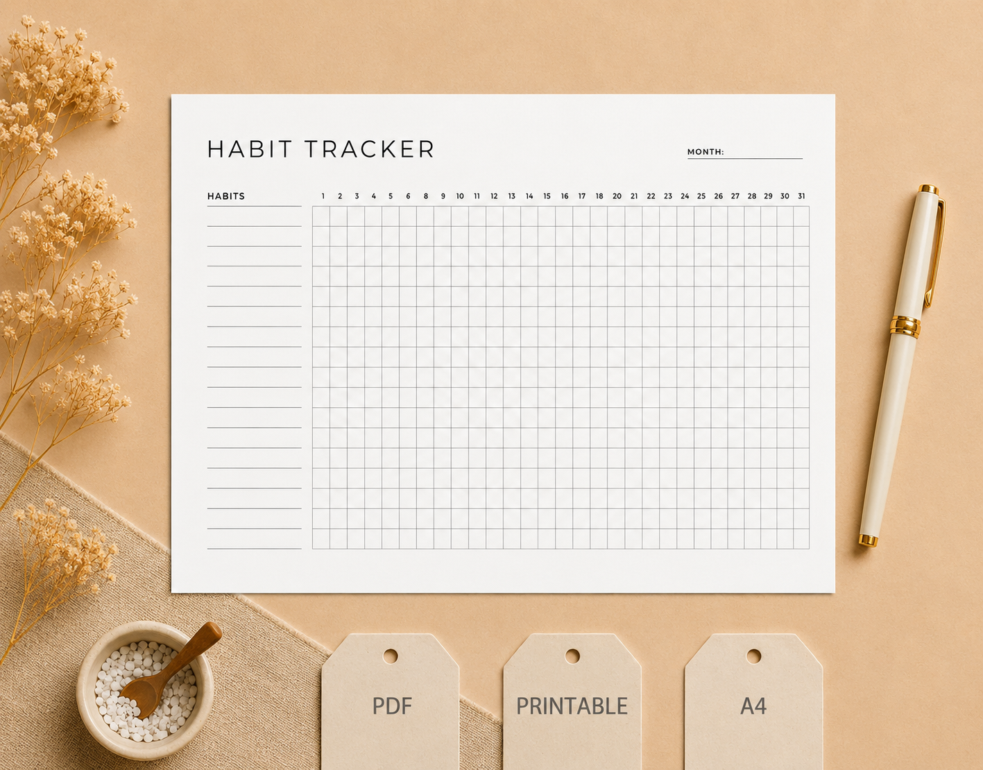 Simple monthly habit tracker printable with clean grid layout, minimalist planner insert for daily habits, PDF