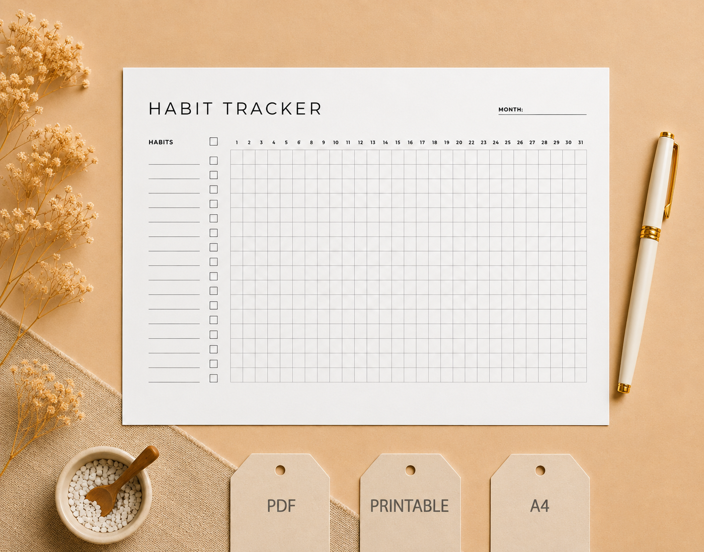 Monthly habit tracker printable with checkbox and grid, minimalist daily habit planner PDF instant download