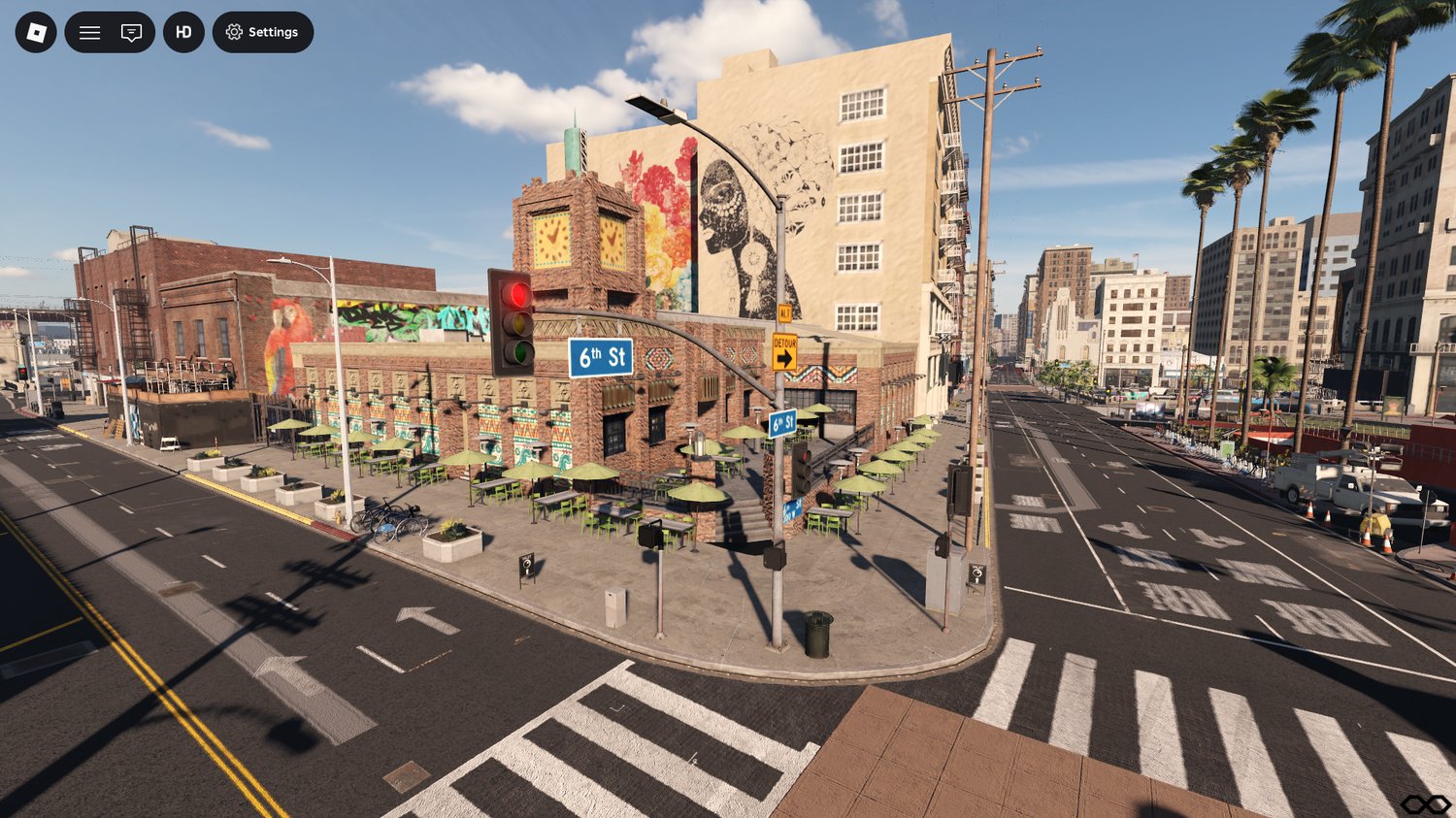Roblox urban map with wall art cafes and palm trees