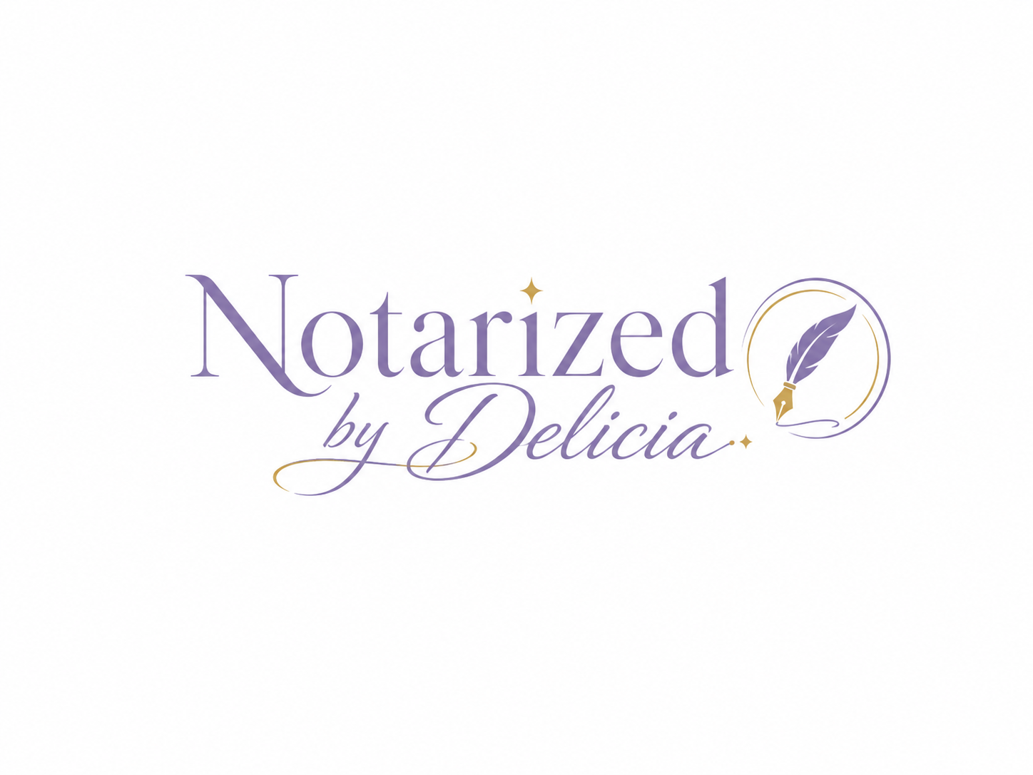 Notarized by Delicia lavender and gold notary logo with quill icon